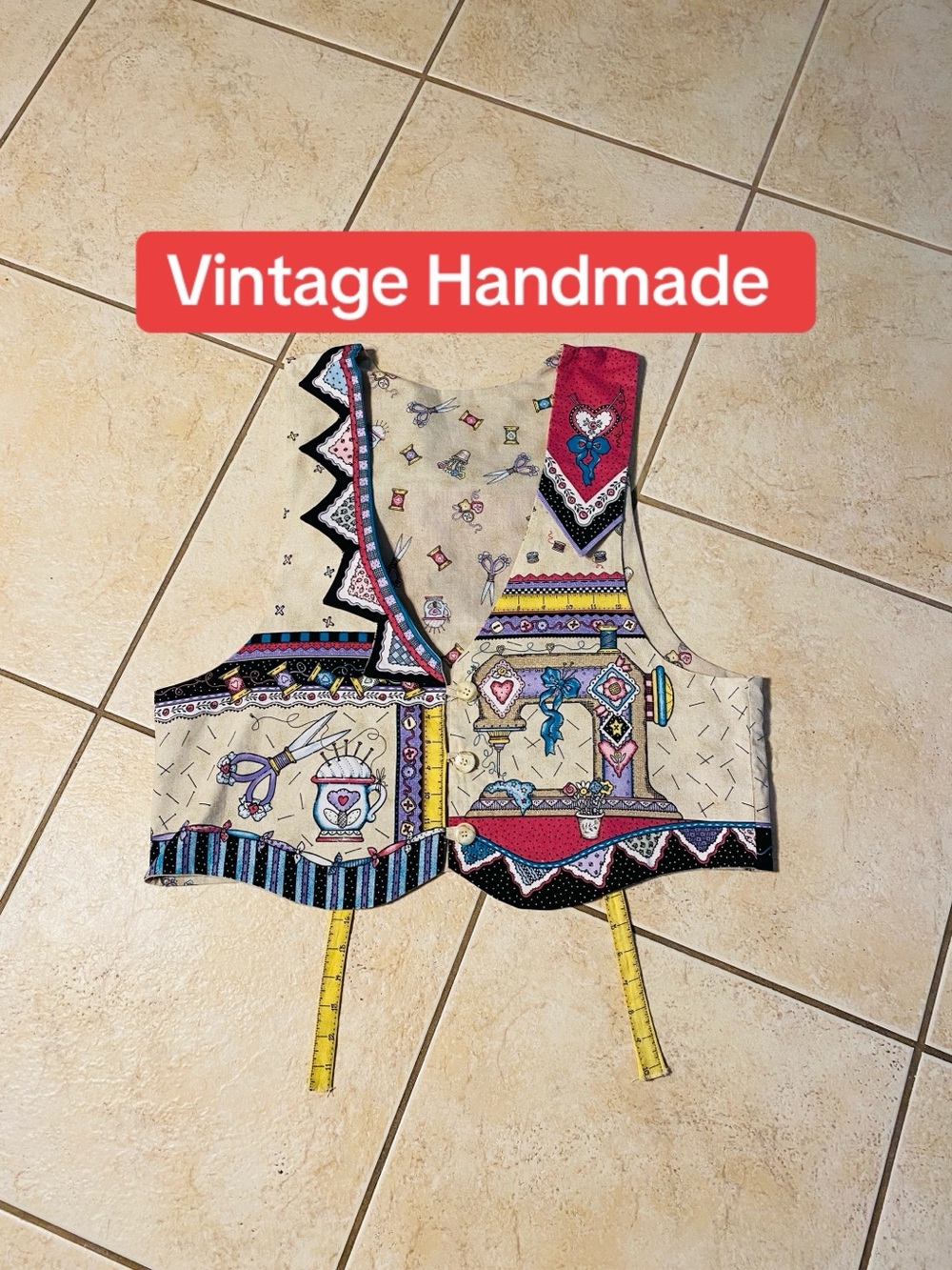 Womans Reversible Vintage Handmade Vest With Sewing Notions Motifs